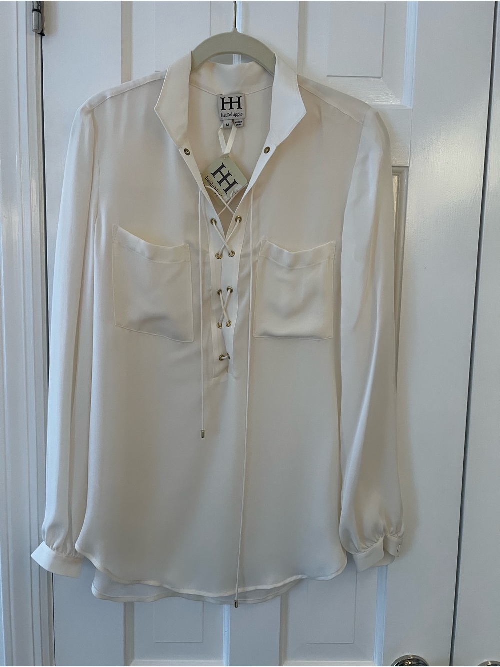 Haute Hippie Ivory Lace-Up Silk Blouse